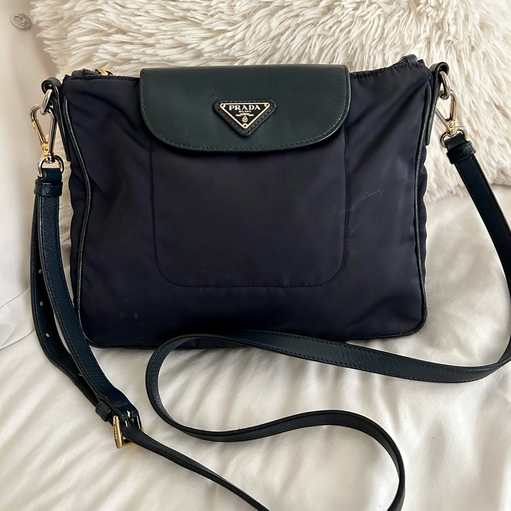 Prada Navy Blue Tessuto Nylon and Leather Bag